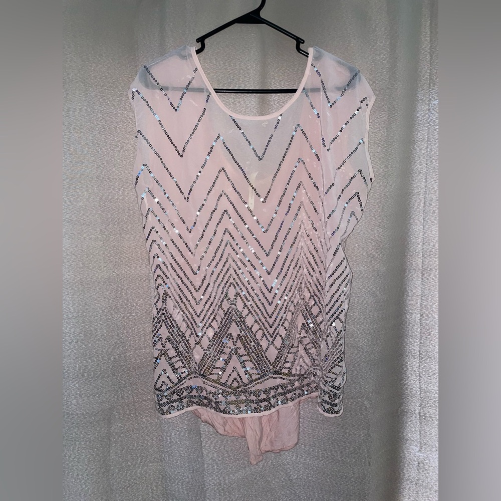 Light Pink Sheer Silver Sequined Capsleeve Top